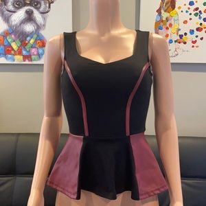 Vintage 2012 BEBE Vegan Leather Peplum Top Black Burgundy Colorblock Small